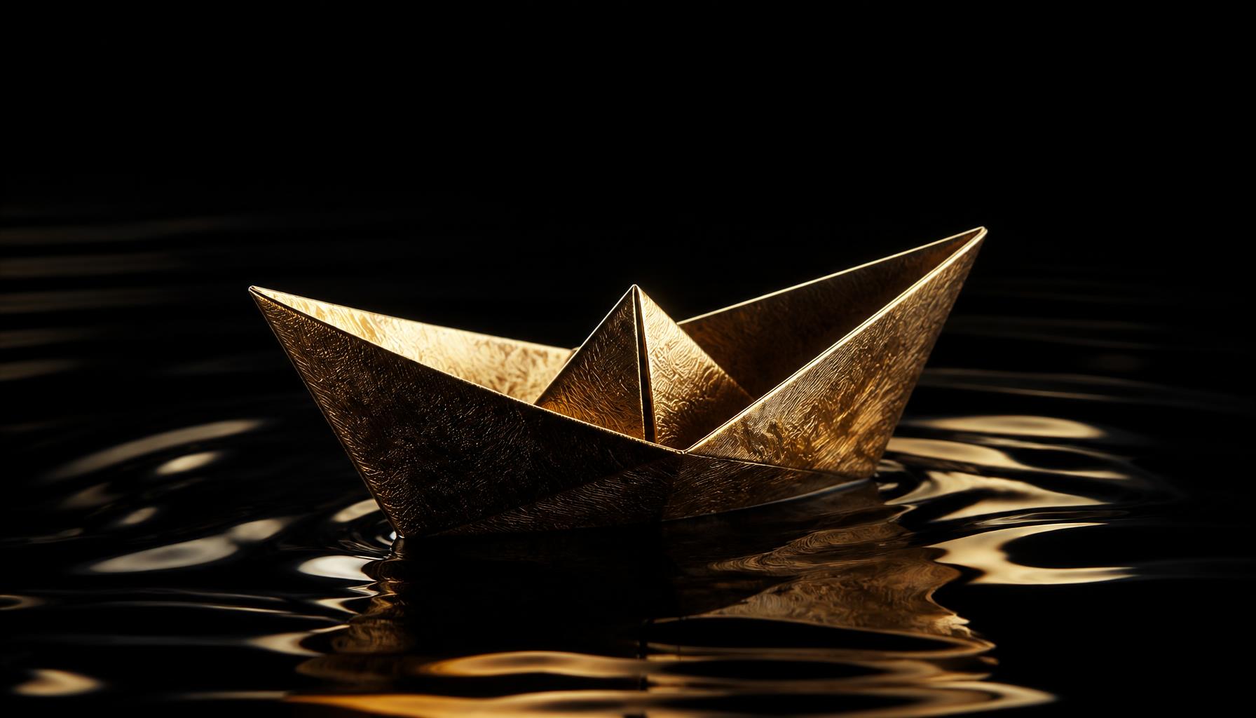 Barco de papel dourado flutuando em águas escuras